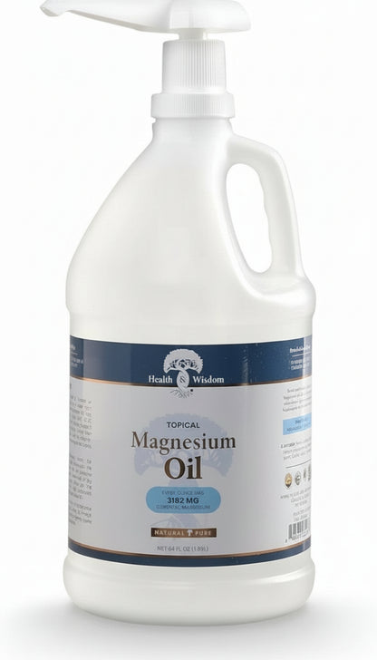 Bottle of Health Wisdom Magnesium Oil 64oz on a white background