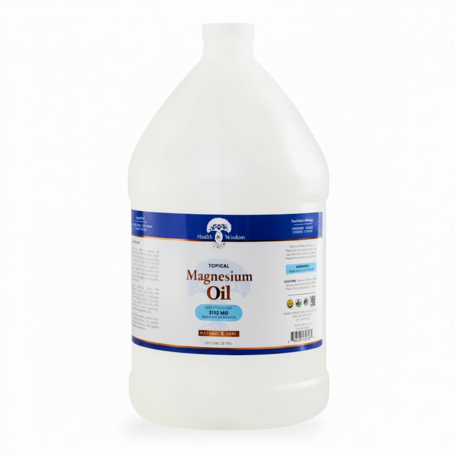 Bottle of magnesium oil 1 gallon with a label on a white background