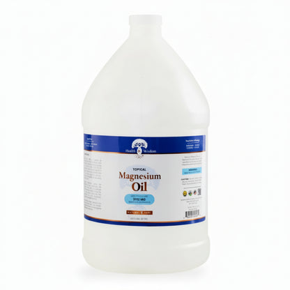 Bottle of magnesium oil 1 gallon with a label on a white background