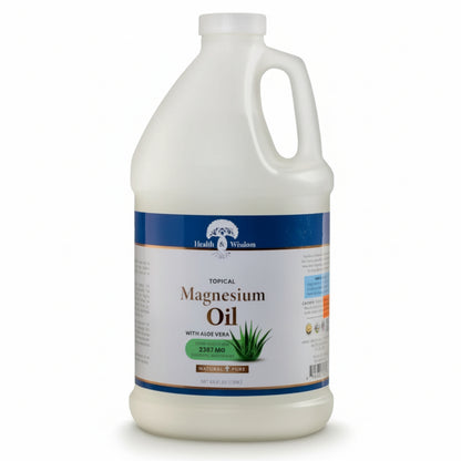 64oz container of Health Wisdom Magnesium Oil with Aloe Vera on a white background