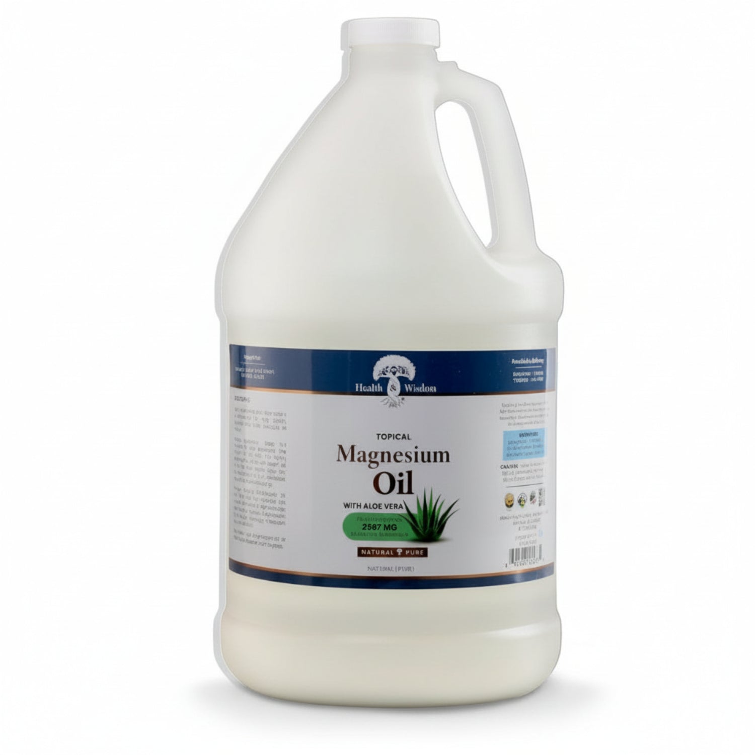 Gallon bottle of Health Wisdom Topical Magnesium Oil with Aloe Vera 1 gallon on a white background