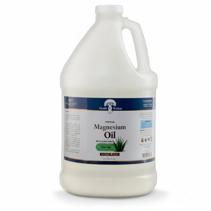 Gallon bottle of Health Wisdom Topical Magnesium Oil with Aloe Vera 1 gallon on a white background