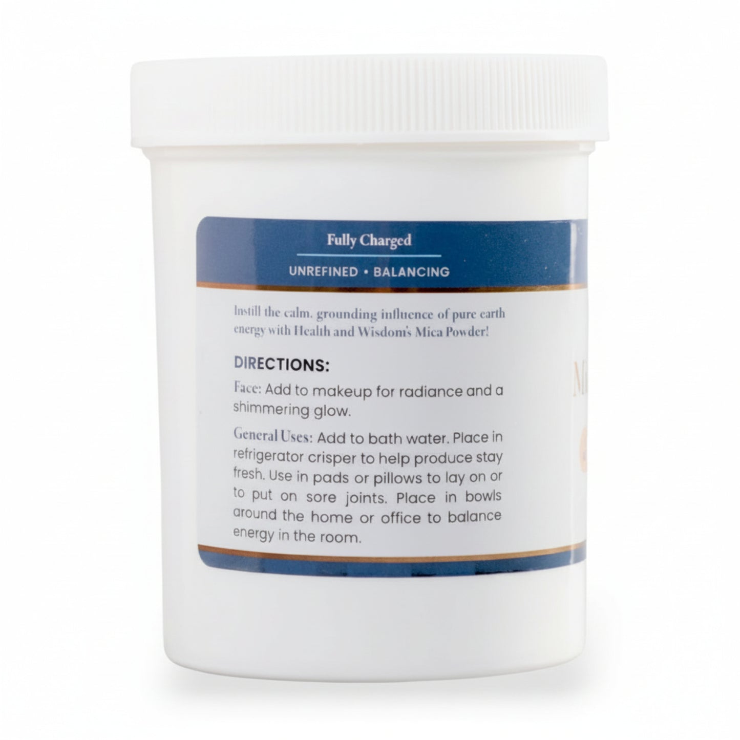 Container labelled 'Fully Charged unrefined balancing and Directions on a white background