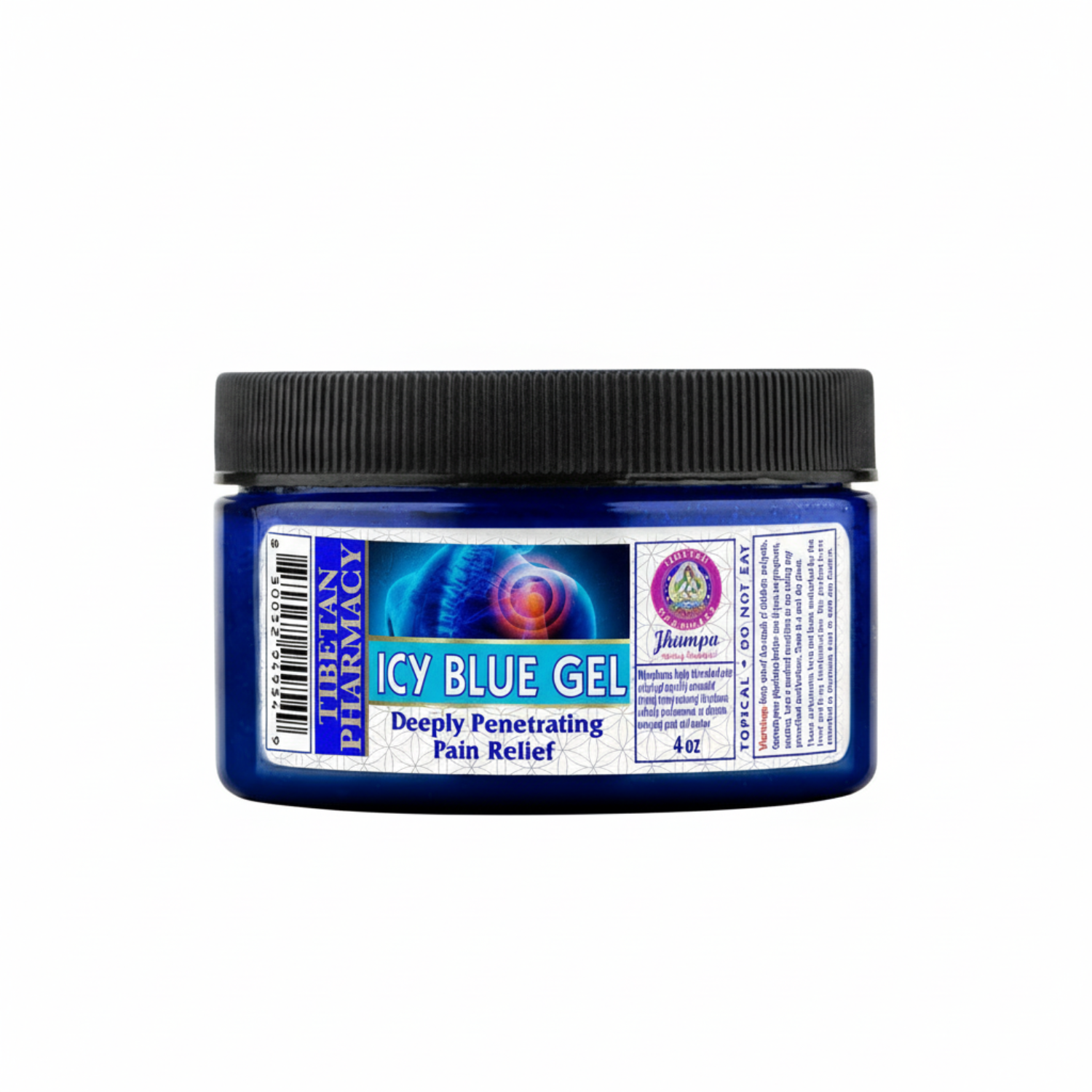 Jar of Jampha Tibetan Pharmacy Icy Blue Gel, Deeply Penetrating Pain Relief 4oz with label on a white background