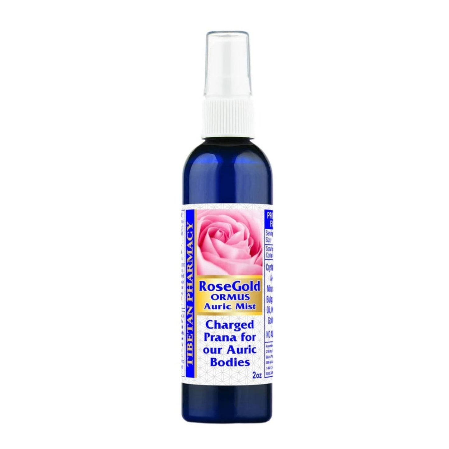 Bottle of RoseGold ORMUS Auric Mist with a rose graphic on a white background