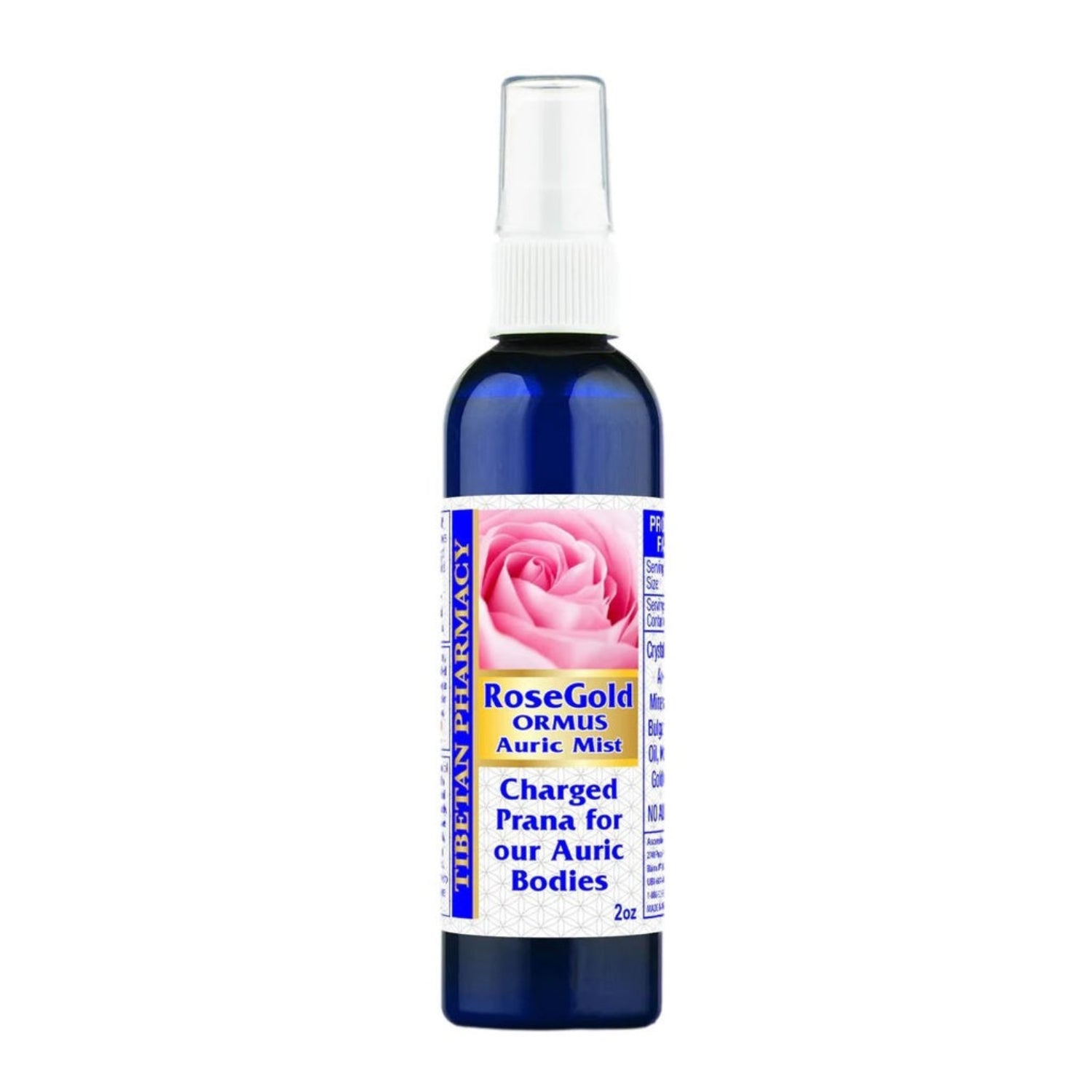 Bottle of RoseGold ORMUS Auric Mist with a rose graphic on a white background