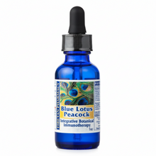 blue glass dropper bottle with black rubber lid and white label with blue text and peacock feather, Tibetan Pharmacy Blue Lotus Peacock, Integrative Botanical Immunotherapy, 1oz