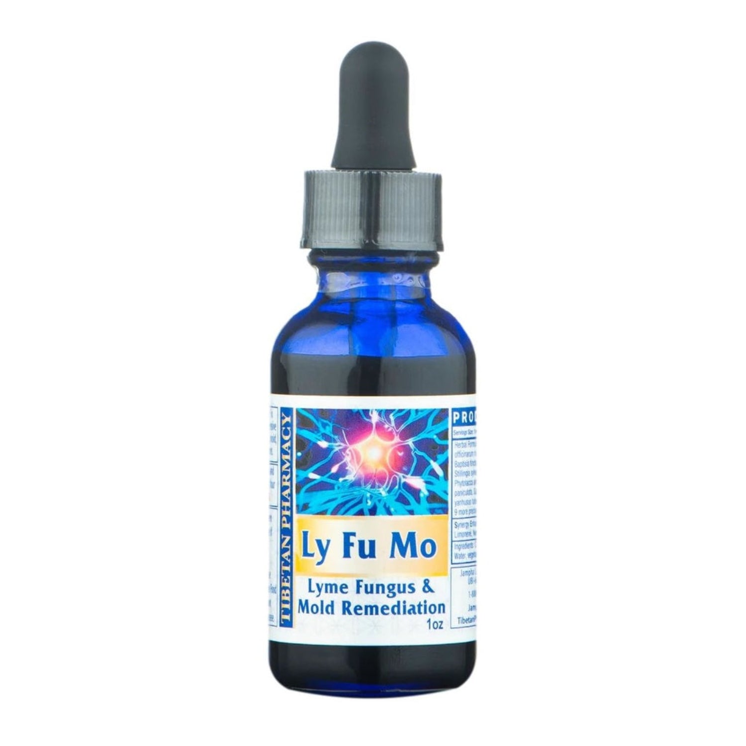 blue glass dropper bottle of Ly Fu Mo Lyme Fungus & Mold Remediation on a white background