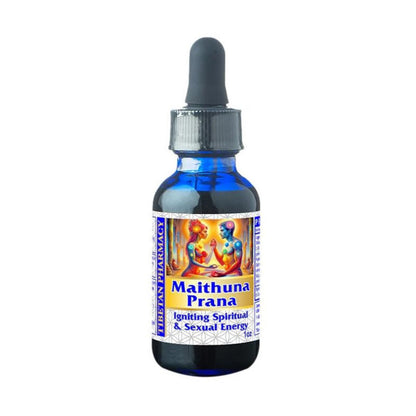 Bottle of Mithuna Prana 1oz with a dropper on a white background
