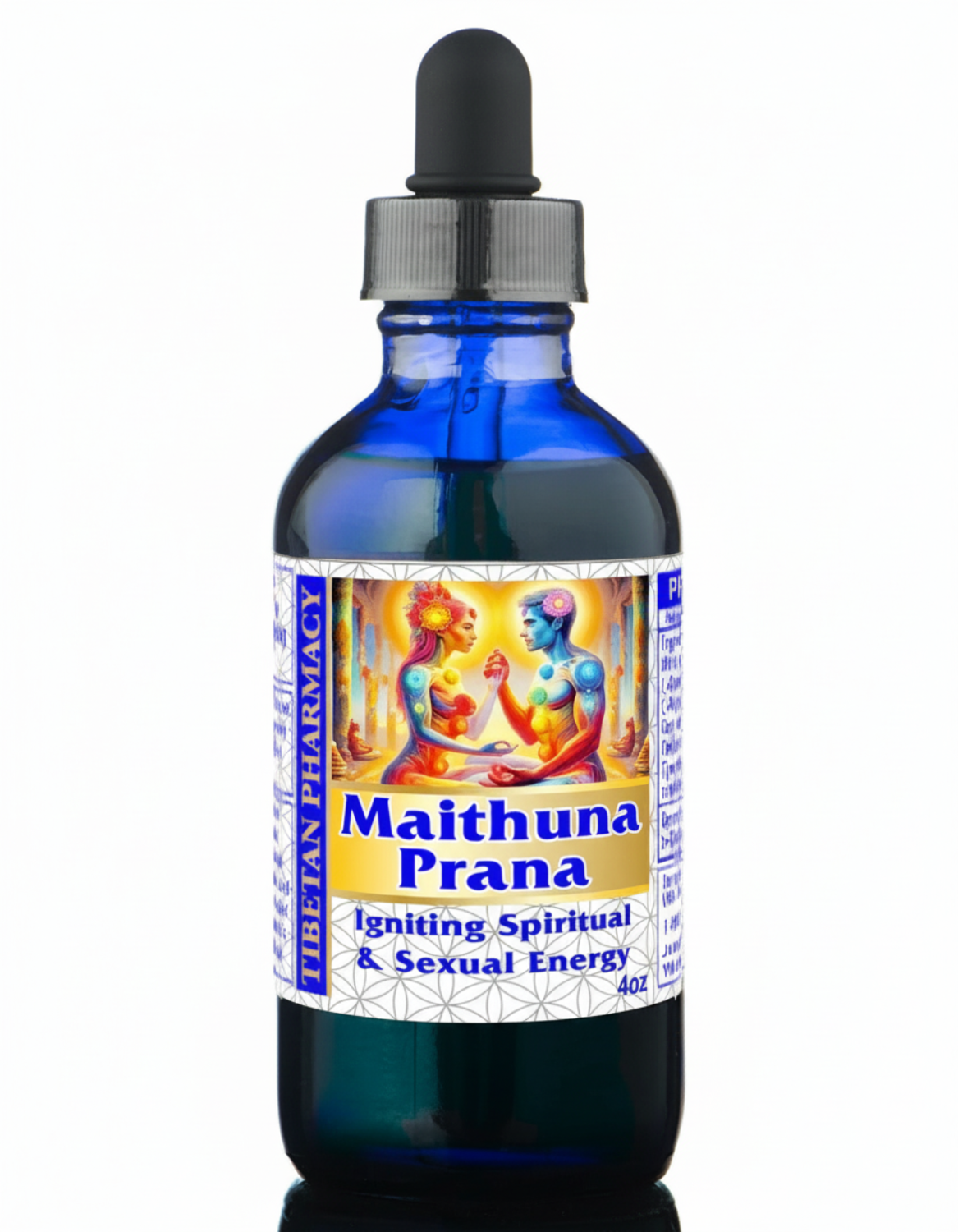 Blue glass bottle of Maithuna Prana 4oz with colorful label on a white background