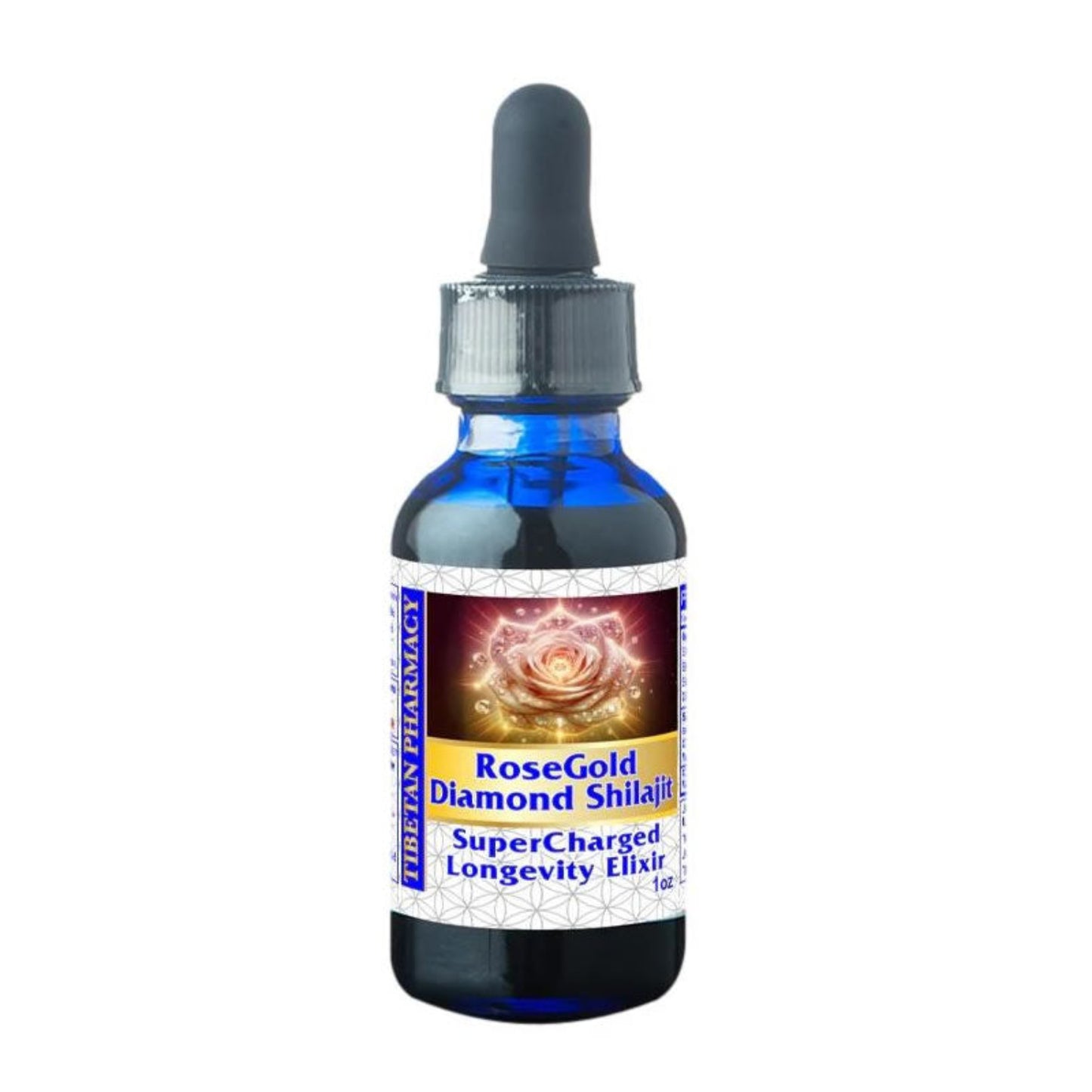 Bottle of RoseGold Diamond Shilajit with a dropper on a white background