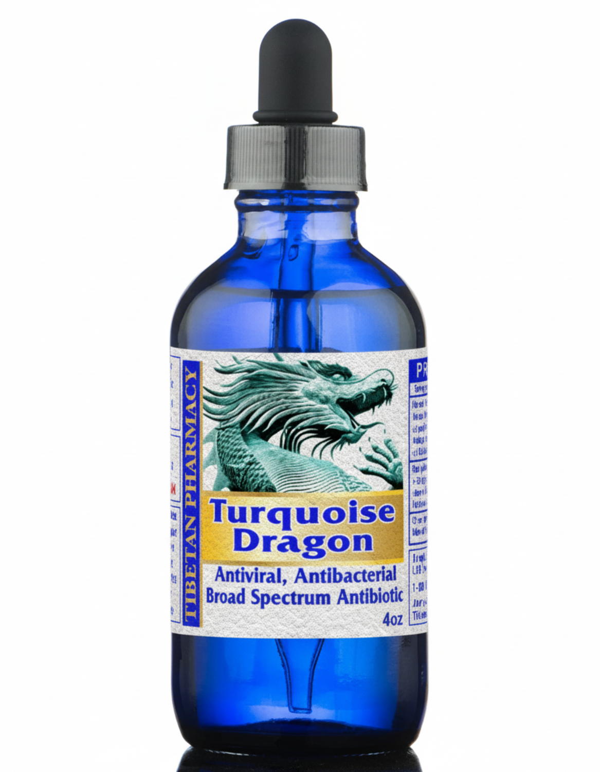 Blue glass bottle with dropper labeled 'Turquoise Dragon' on a white background