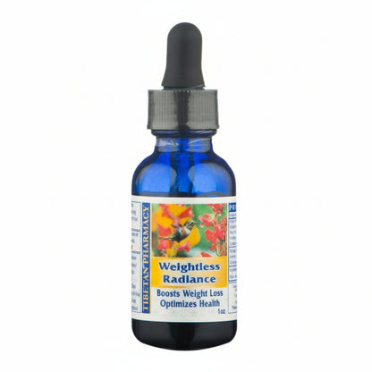 Bottle of 'Weightless Radiance' with a dropper on a white background