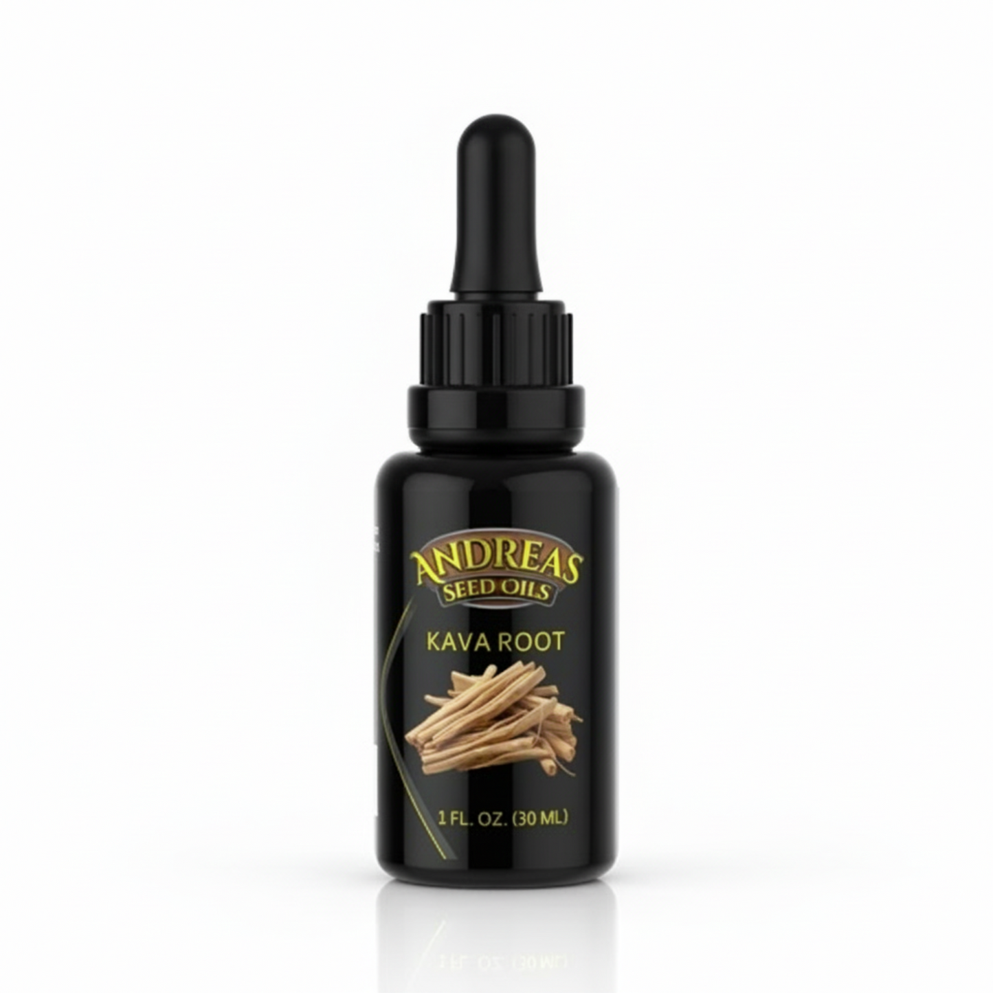 Black dropper bottle of Andrea's Seed Oils Kava Root on a white background