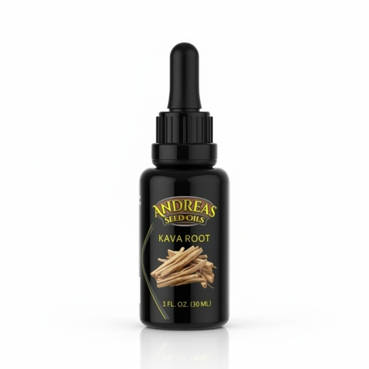 Black dropper bottle of Andrea's Seed Oils Kava Root on a white background