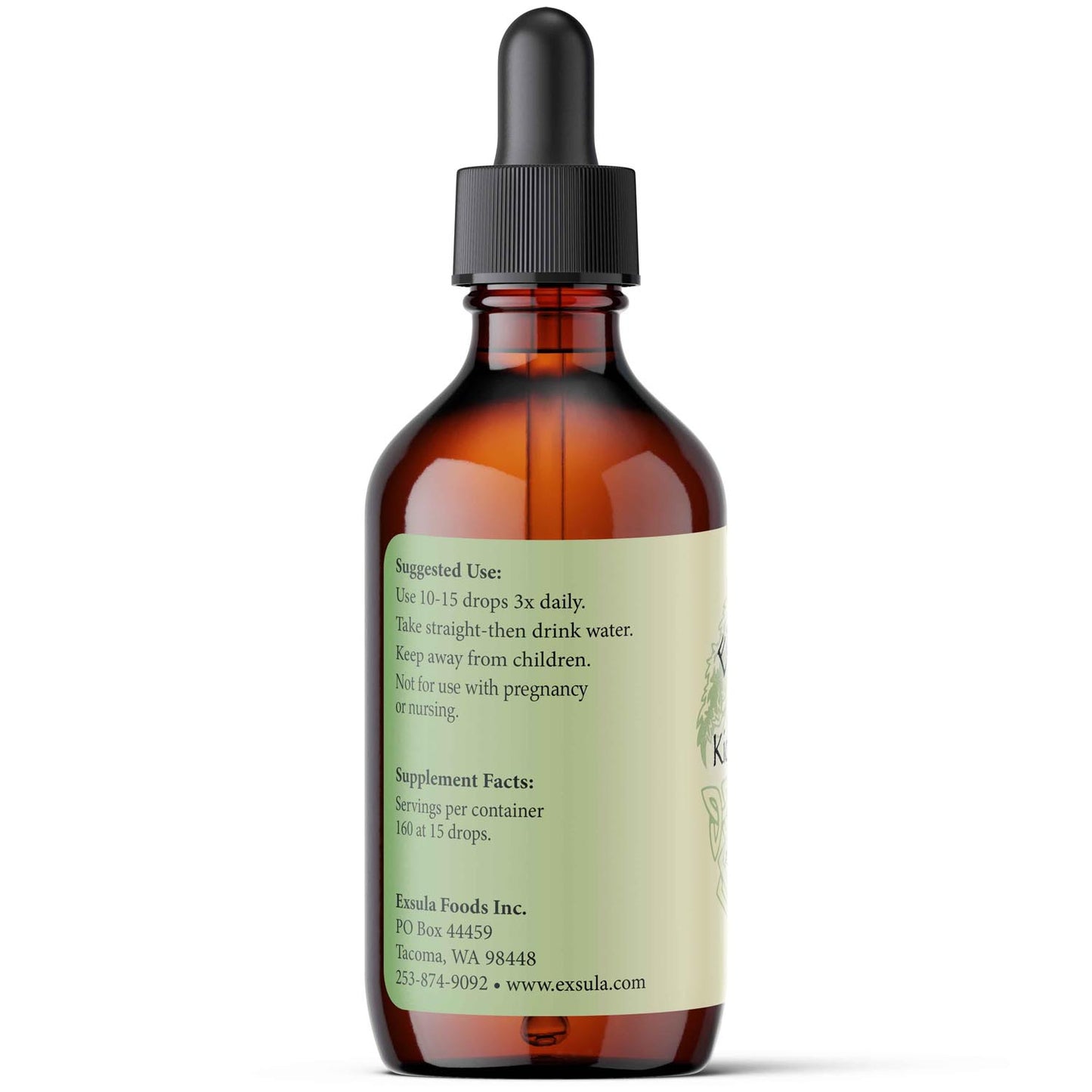 Amber glass dropper bottle with a label on a white background