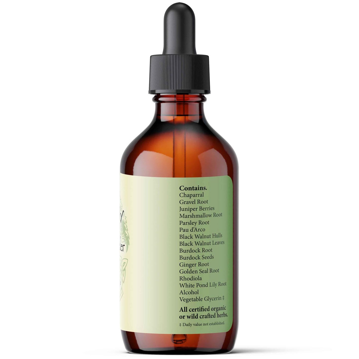 Bottle of herbal tincture with dropper on a white background