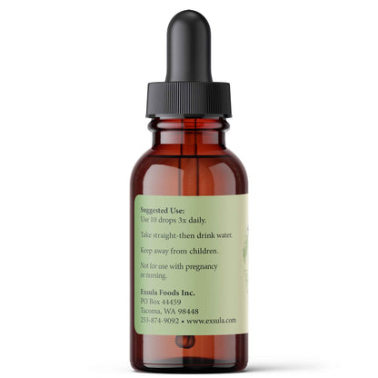 Brown glass dropper bottle with a label on a white background