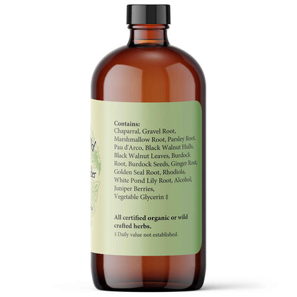 Brown glass bottle with a green label on a white background