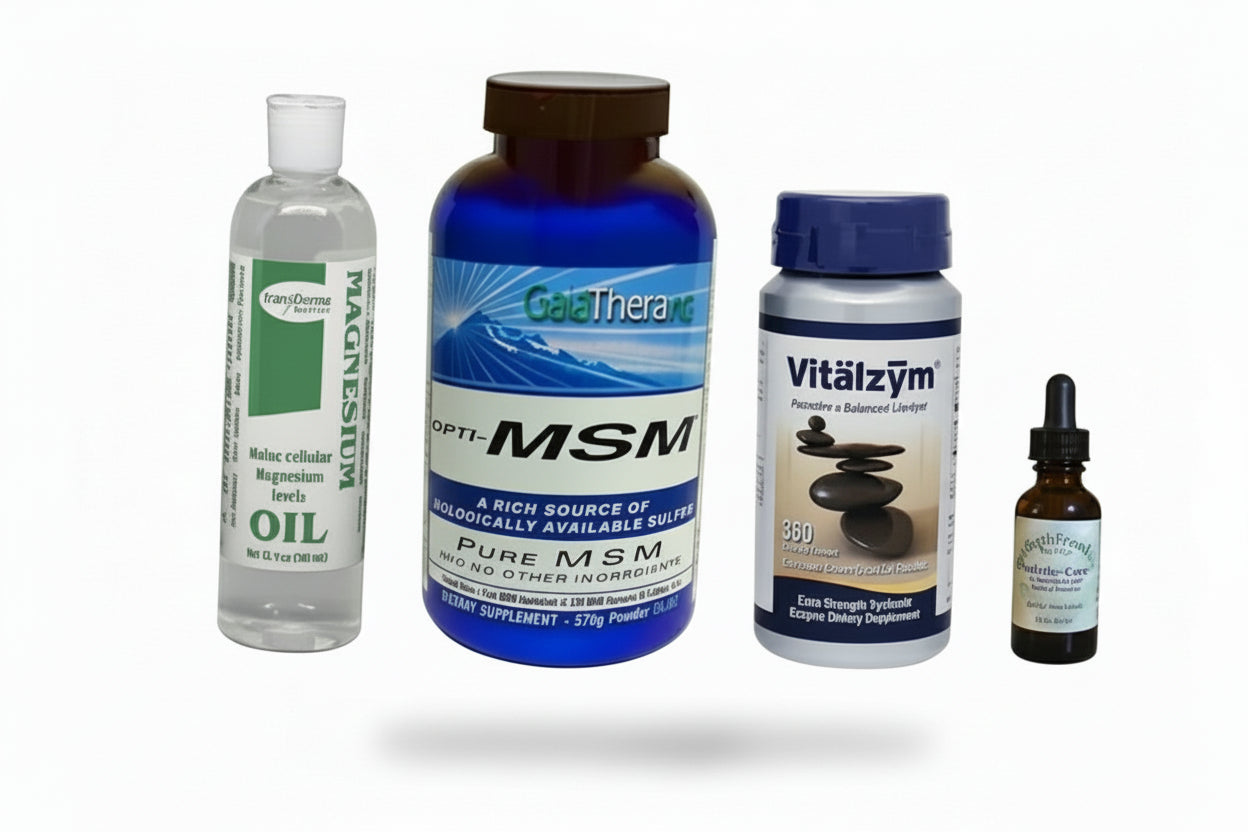 four products on woodent table with greens and sunlight in backgroud 1. TransDerma Minerals Magnesium Oil 2. GaiaThera Opti-MSM 3. World Nutrition
Vitalzym 4. Earth Friend Herbs Arthritis-Ease