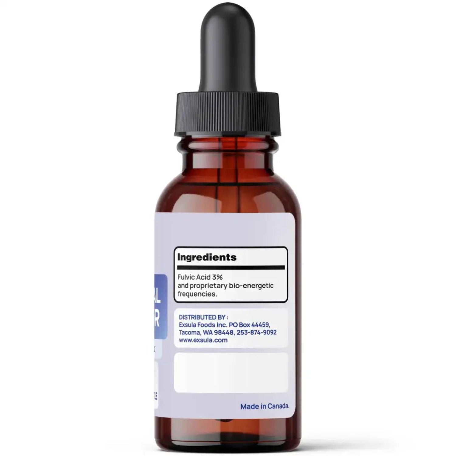 Brown glass dropper bottle with a white label on a white background