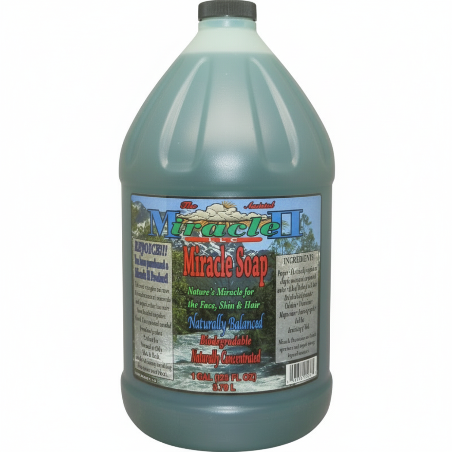 Gallon bottle of Miracle Soap with label on a white background