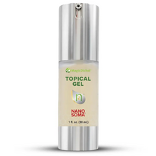 Topical gel bottle with silver cap and beige label on a white background