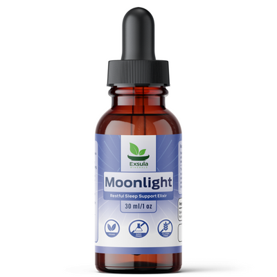 Bottle of Exsula Moonlight Restful Sleep Support Elixir on a white background