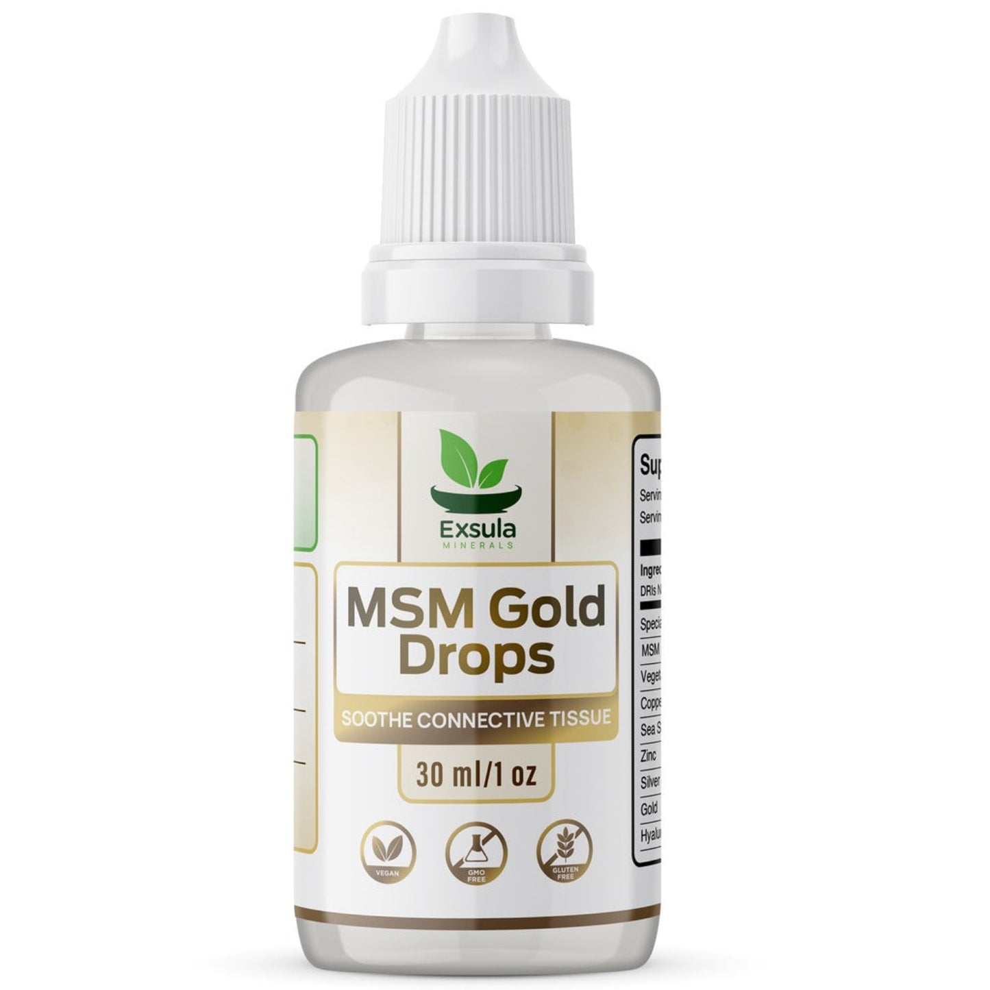 Bottle of Exsula MSM Gold Drops on a white background