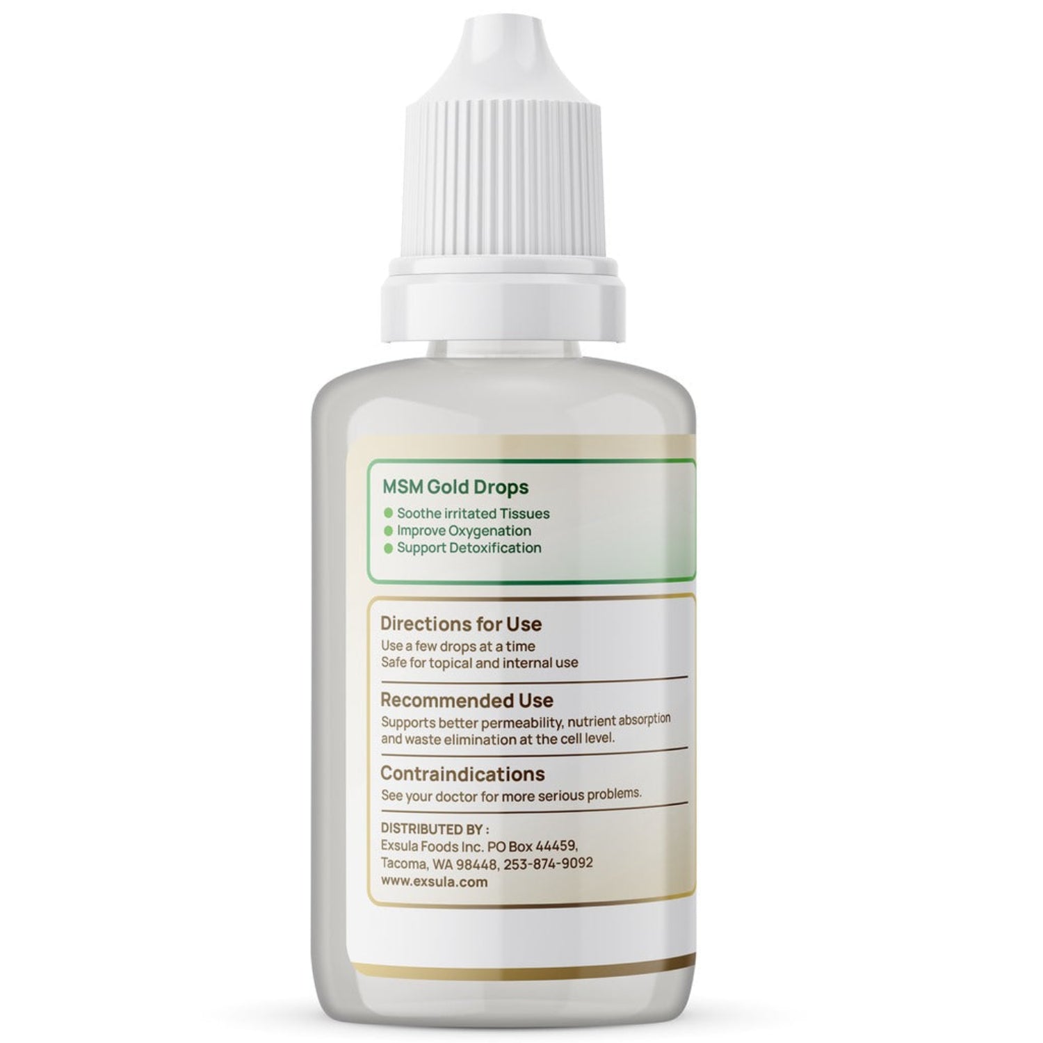 Bottle of MSM Gold Drops with label on a white background