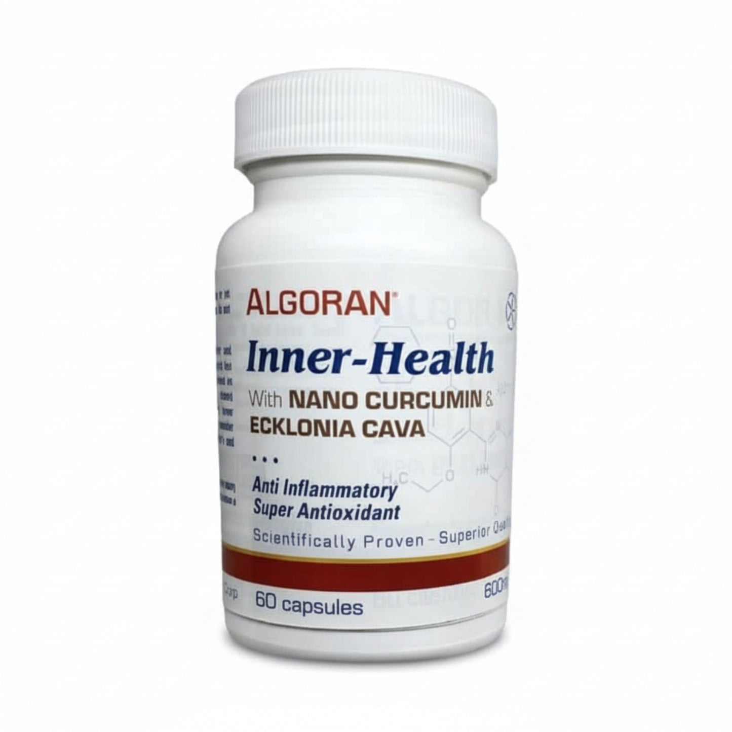 white bottle with orange stripe of Algoran Inner-Health with Nano Curmumin & Ecklonia Cava, Anti Inflammatory, Super Antioxidant, Scientifically Proven, Superior Quality, 60 capsules 600mg
