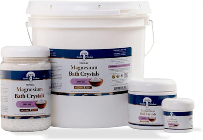 Collection of magnesium bath crystals products including a large bucket and smaller jars on a white background.