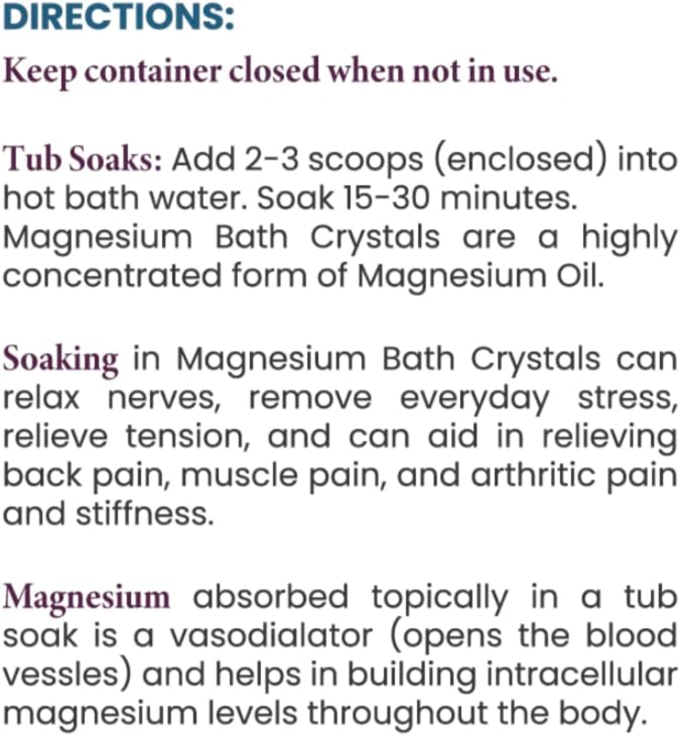 Directions for using magnesium bath crystals on a white background