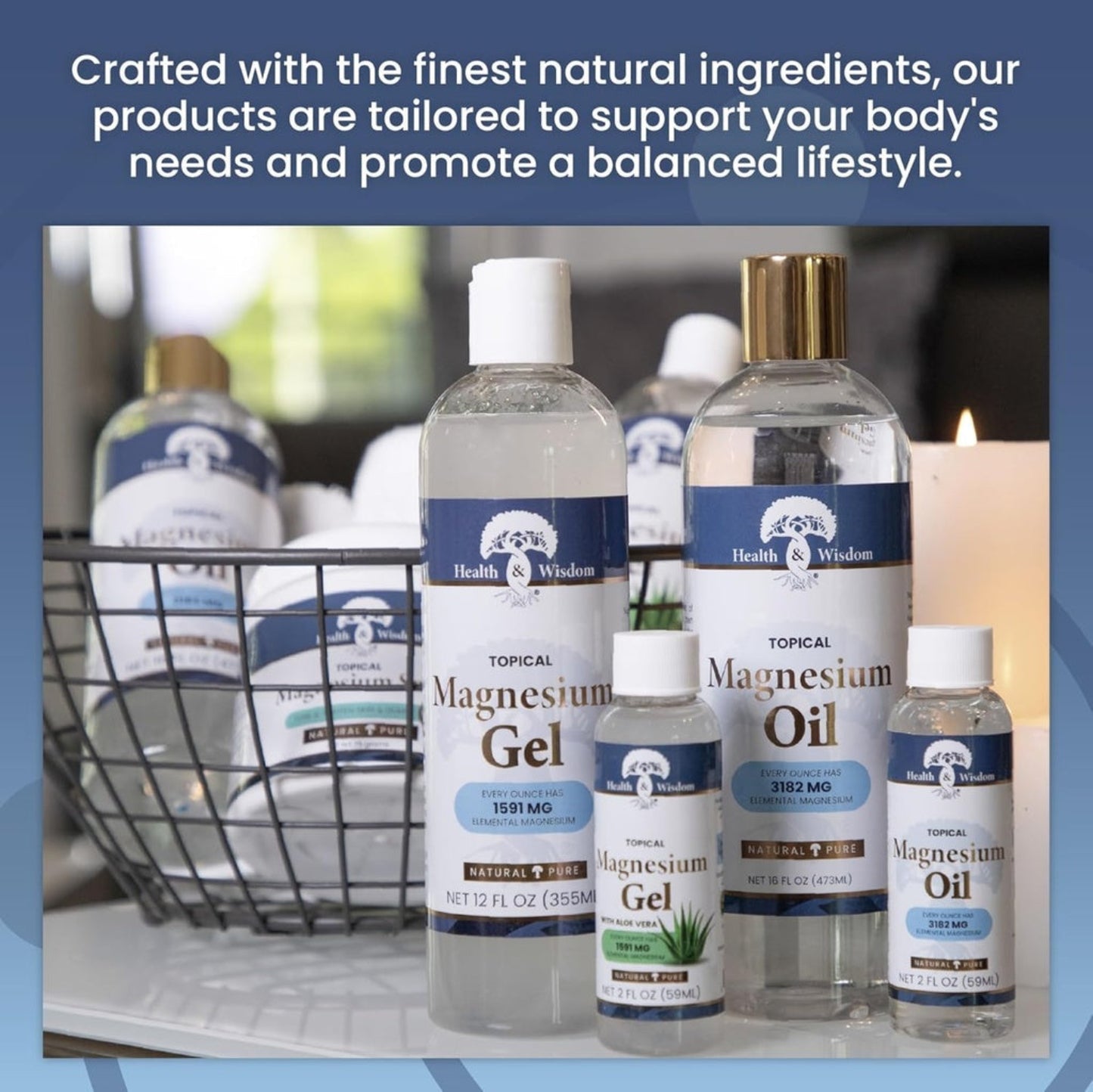 Bottles of magnesium products with a blurred background