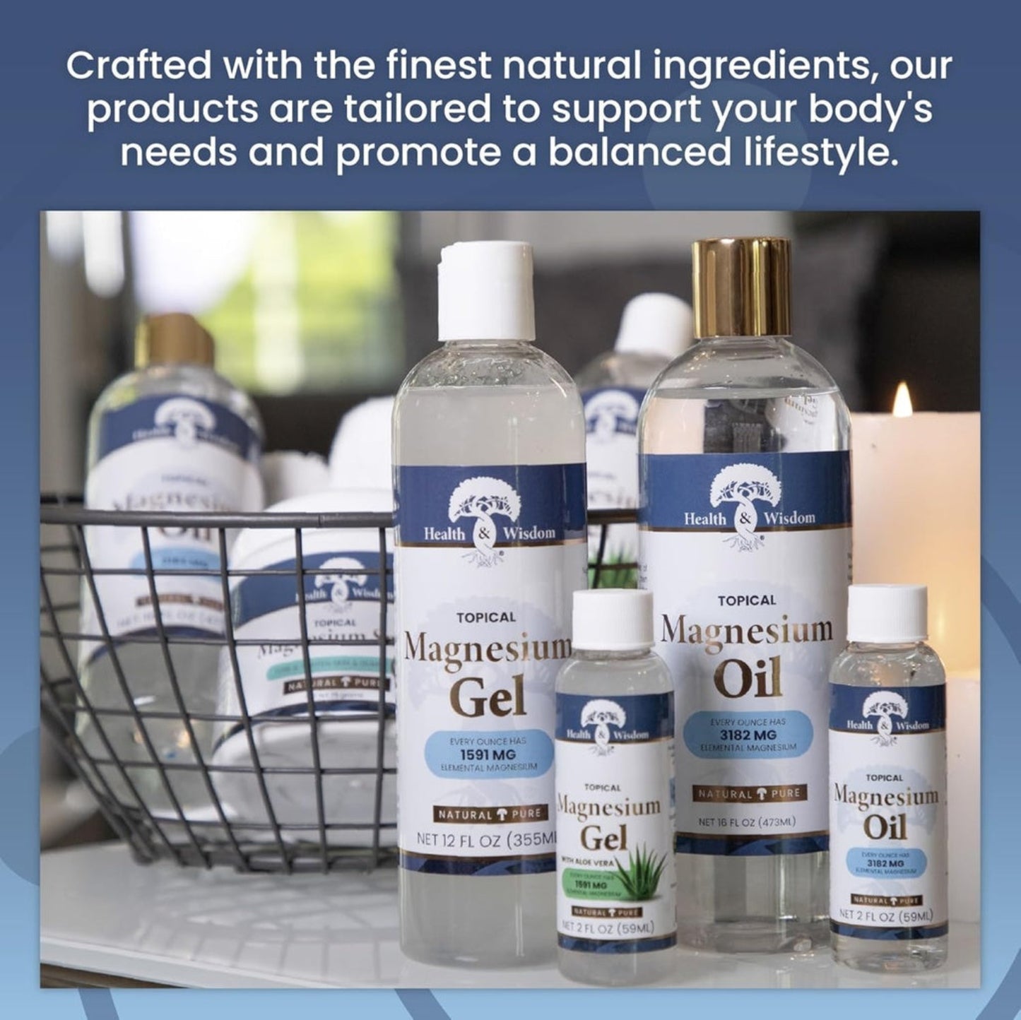 Bottles of magnesium products with a blurred background