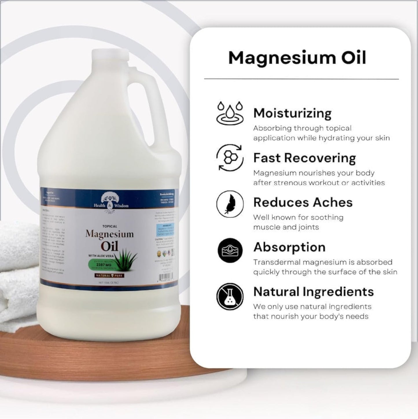 Gallon container of magnesium oil with benefits listed on a white background