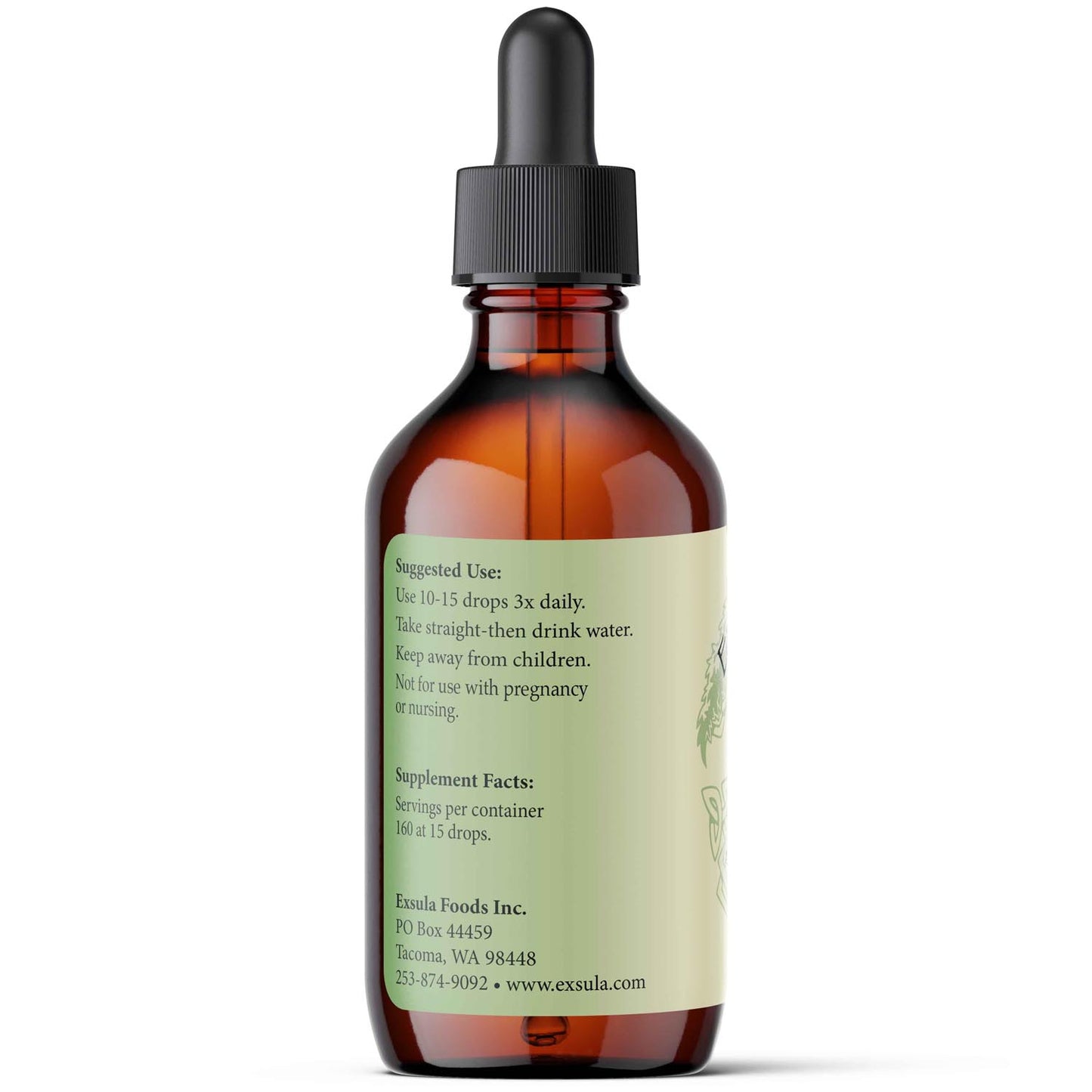 Amber glass dropper bottle with a label on a white background