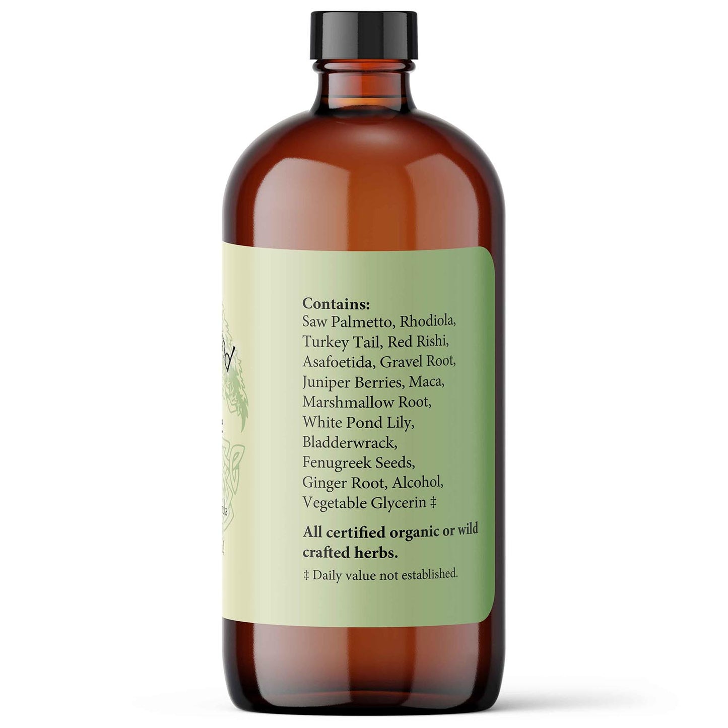 Brown glass bottle with a label on a white background