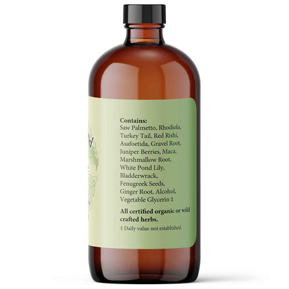 Brown glass bottle with a label on a white background