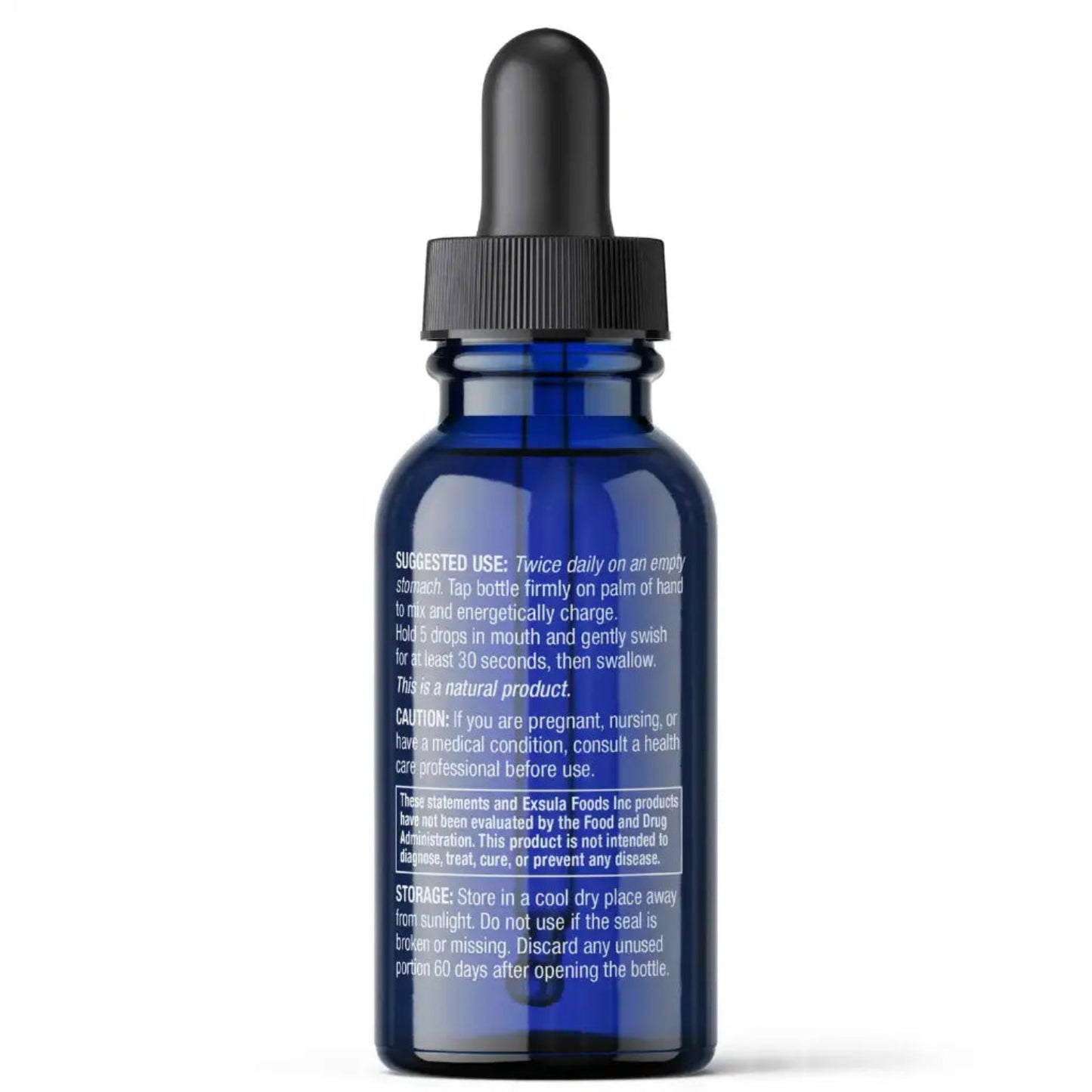 Blue dropper bottle with black cap on a white background