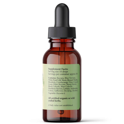 Brown glass dropper bottle with label on a white background