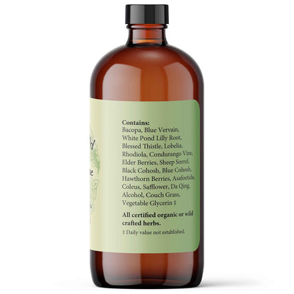 Brown glass bottle with a green label on a white background