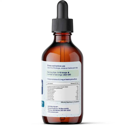 Brown glass dropper bottle with a label on a white background