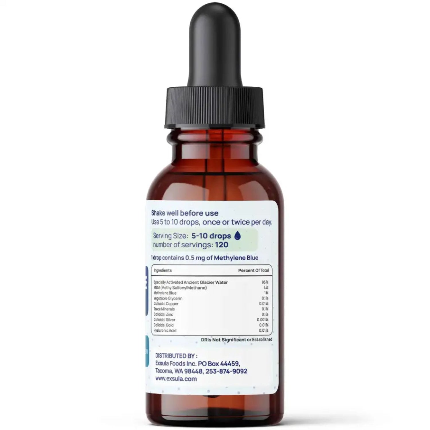 Brown glass dropper bottle with label on a white background