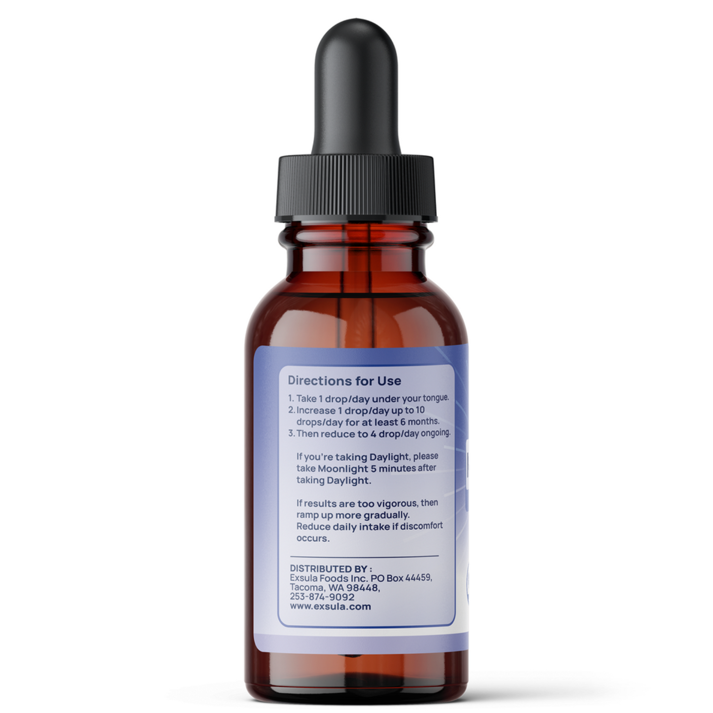 Brown glass dropper bottle with a label on a white background