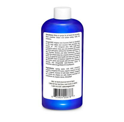 Blue bottle with a white label for directions on a white background