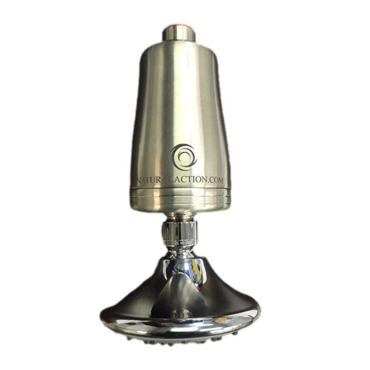 Metallic shower head with 'NaturalAction.com' branding on a white background