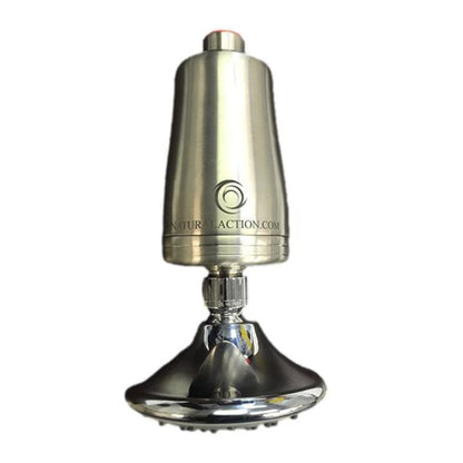 Metallic shower head with 'NaturalAction.com' branding on a white background