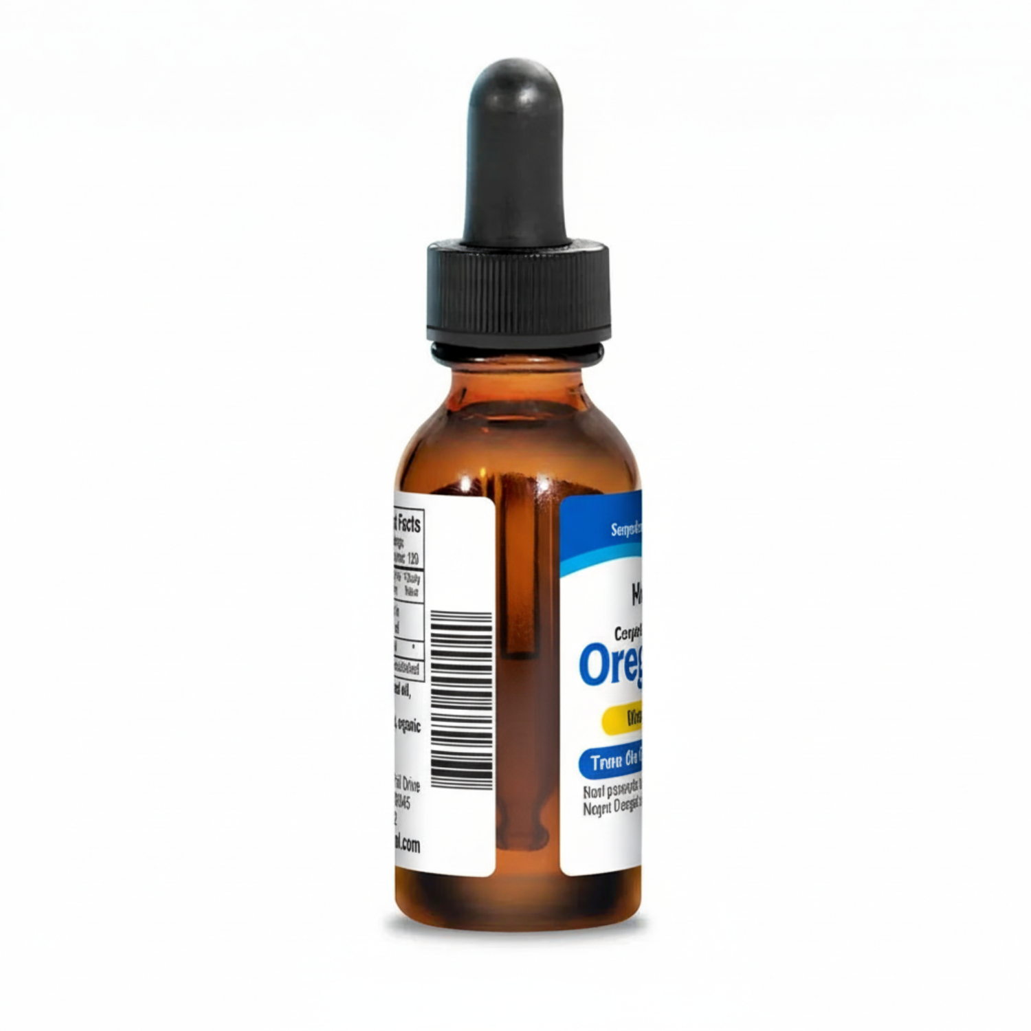 Bottle of a supplement with a dropper on a white background