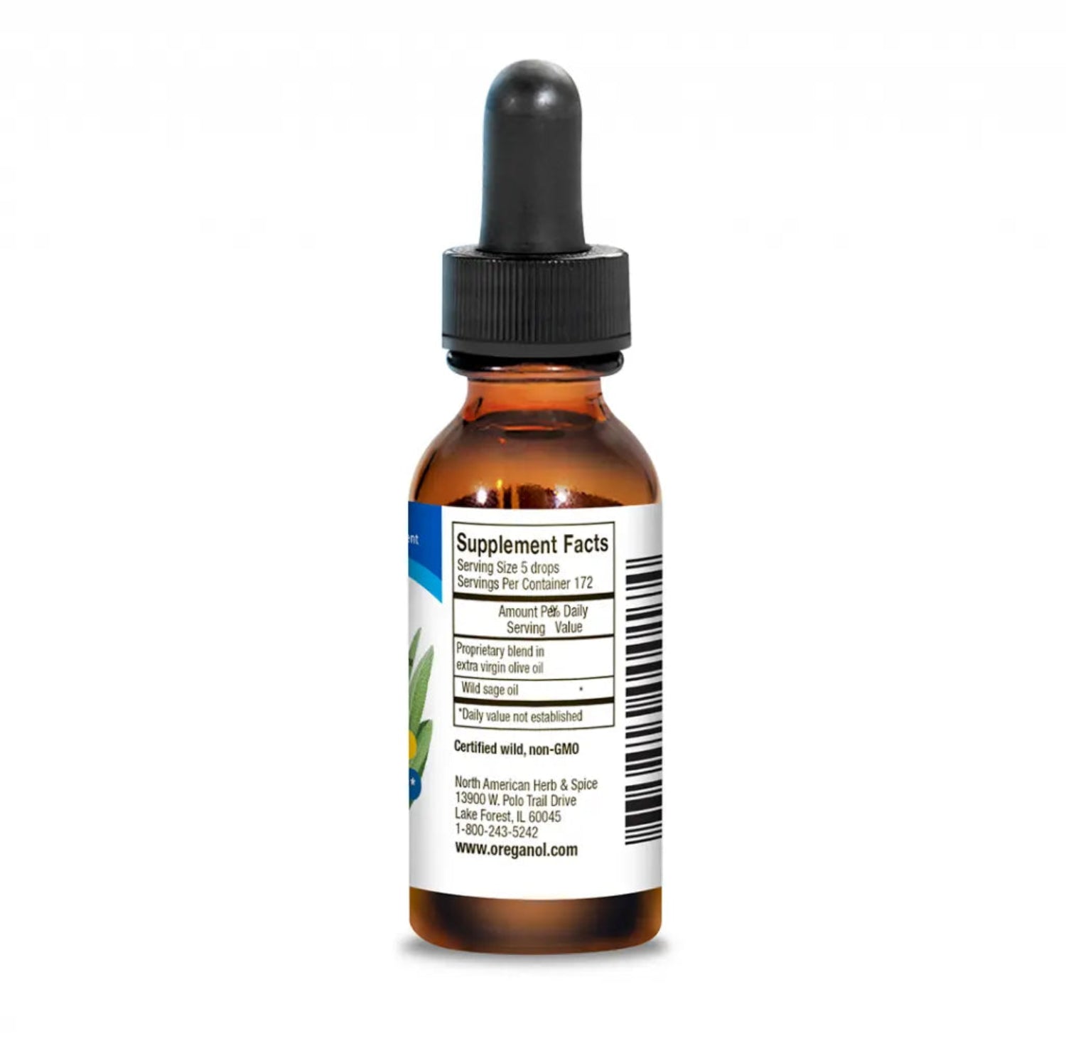Bottle of supplement with dropper labeled 'Supplement Facts' on a white background